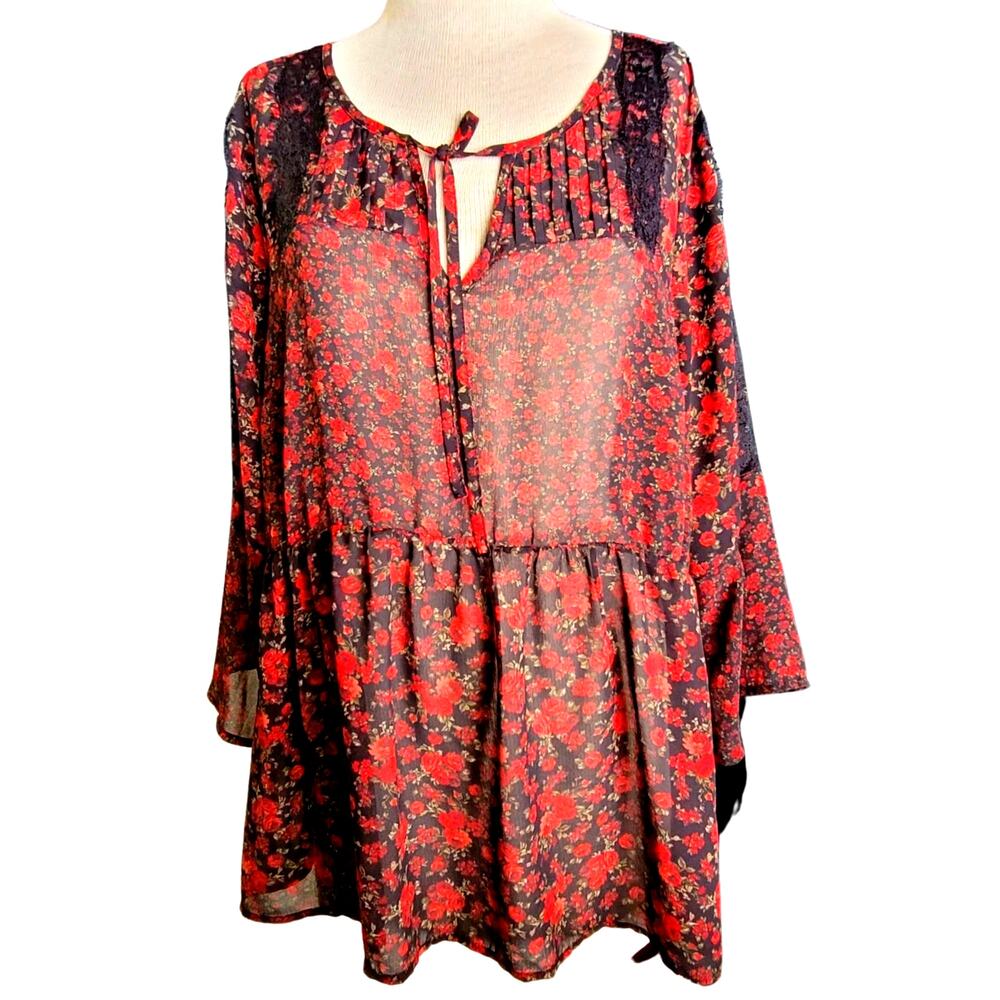 Torrid Sheer Red Rose Boho Chiffon Peasant Top Size Large